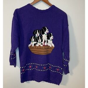 Vintage Hartstrings Sweater Women's 10/12 Green Embroidered Dog Basket